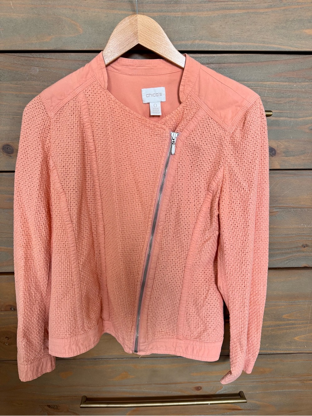 Chico's Coral Textured Asymmetrical Zip Jacket